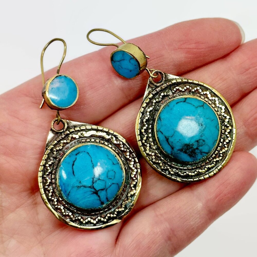 Vintage Afghan Turquoise Earrings: Kuchi Brass Dangle